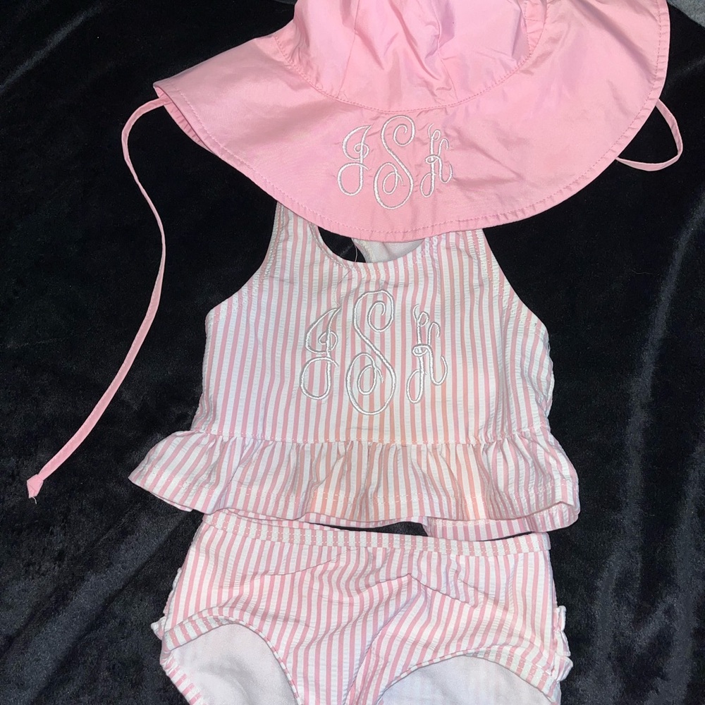 Ruffle Butts Pink Striped Kids Swim Bikini with Hat